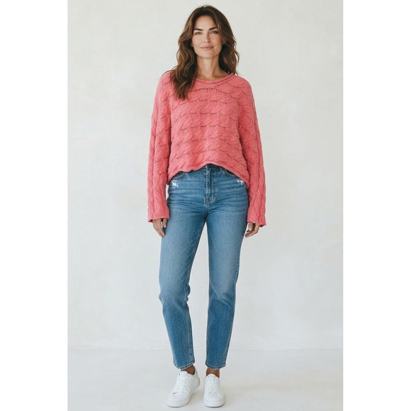 POL Sweaters - NWOT POL Womens Pink Cable Knit Oversized Sweater Boat Neck Textured Pullover Sm